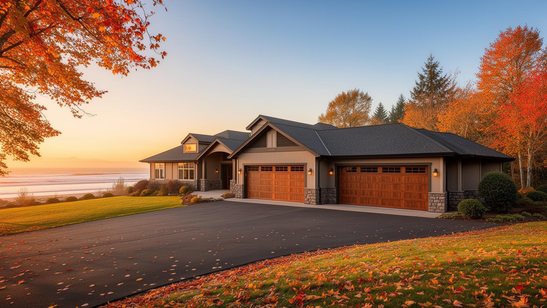 Premium wood overlay garage doors on beautiful ranch home